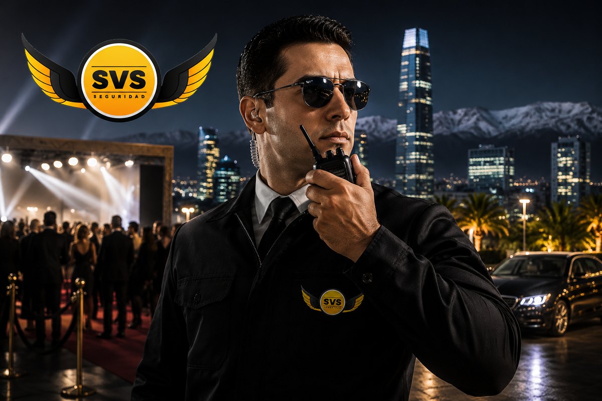 Guardia de seguridad SVS con radio en evento nocturno en Santiago — servicios mixtos humana y electrónica